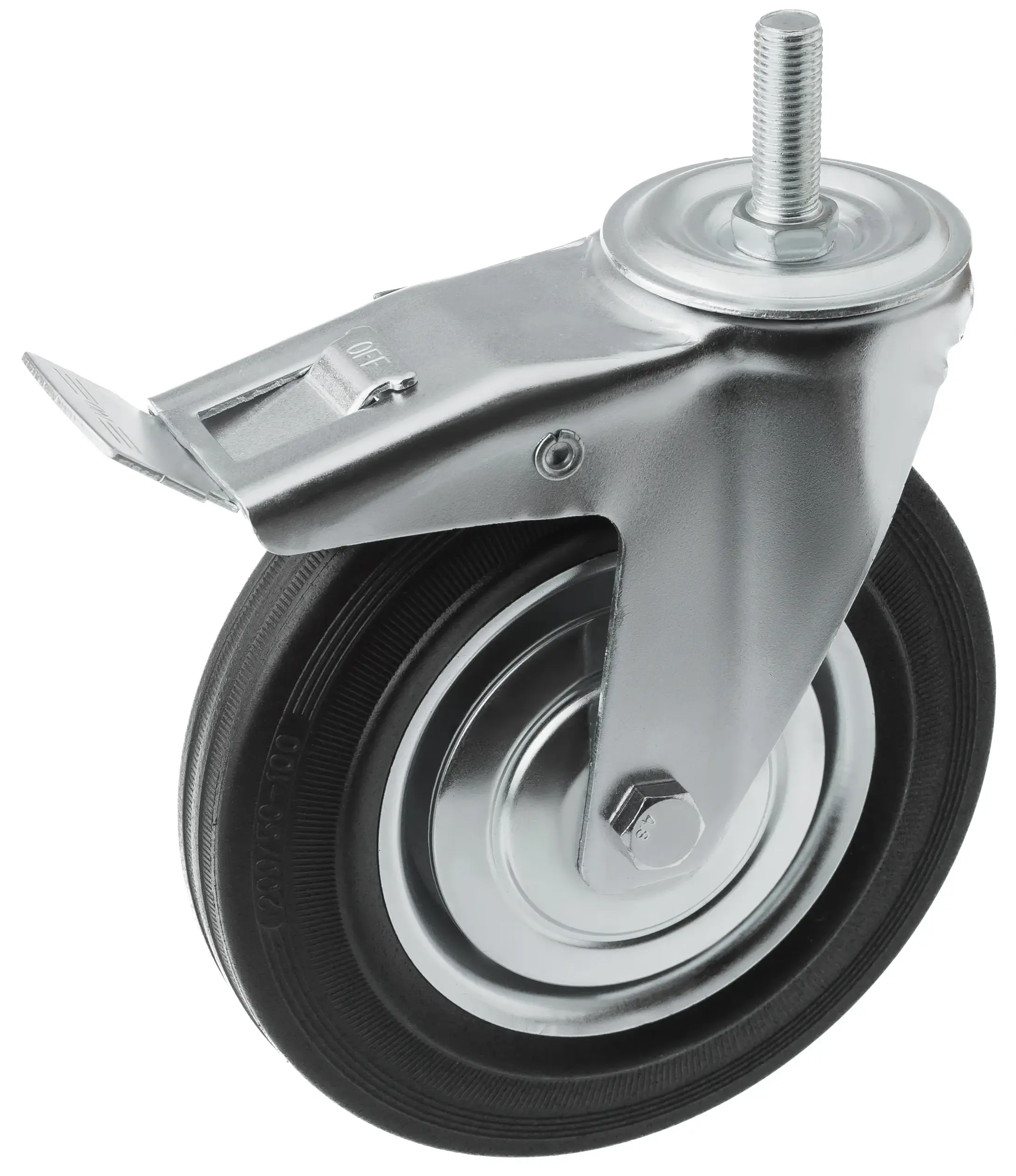Промышленное колесо, диаметр 200 мм, болтовое крепление, поворотная опора, тормоз, черная резина, роликовый подшипник - SCtb 80